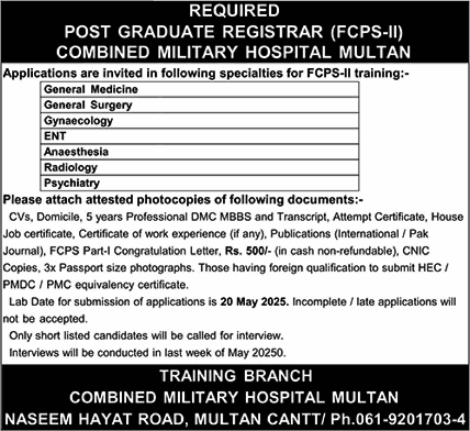 CMH Multan FCPS-II Jobs 2025