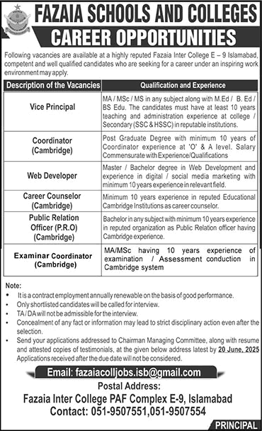 Fazaia Inter College Jobs 2025, govt jobs 2025, teaching jobs in Islamabad, Cambridge coordinator jobs, vice principal jobs, web developer jobs, PAF college careers, education sector jobs, career counselor jobs, examination officer jobs
