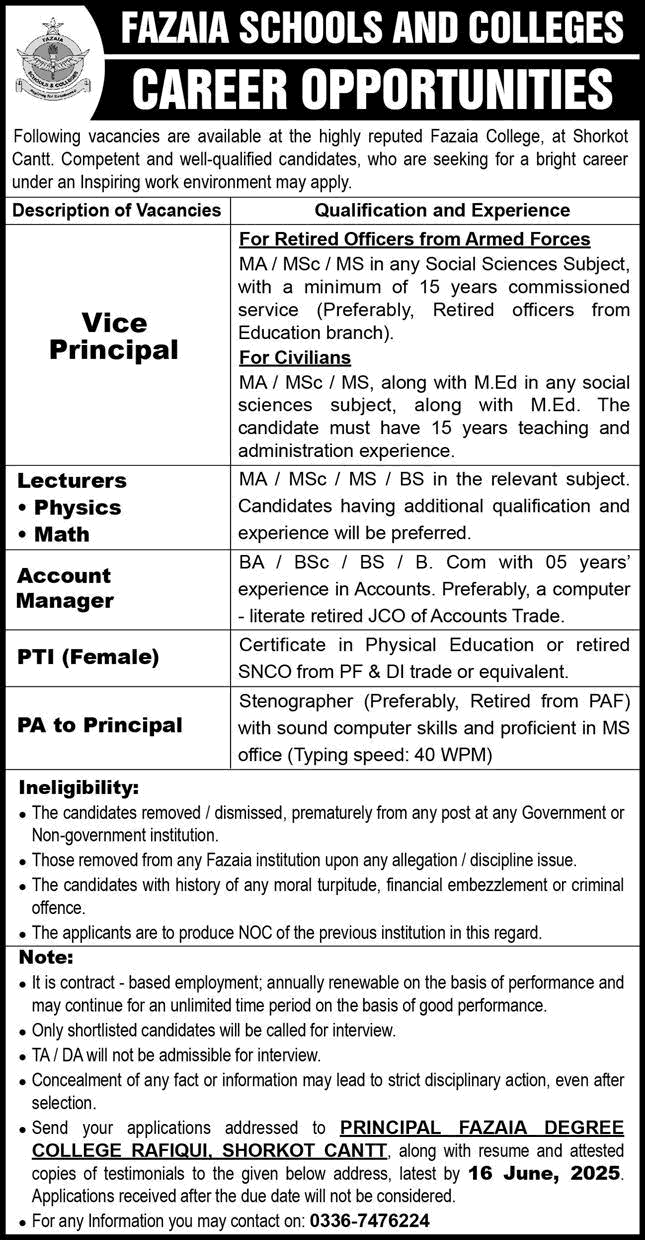 Fazaia Schools Jobs 2025