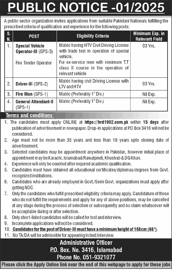 Islamabad Fireman Jobs 2025