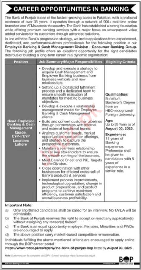 Bank of Punjab BOP Jobs 2025