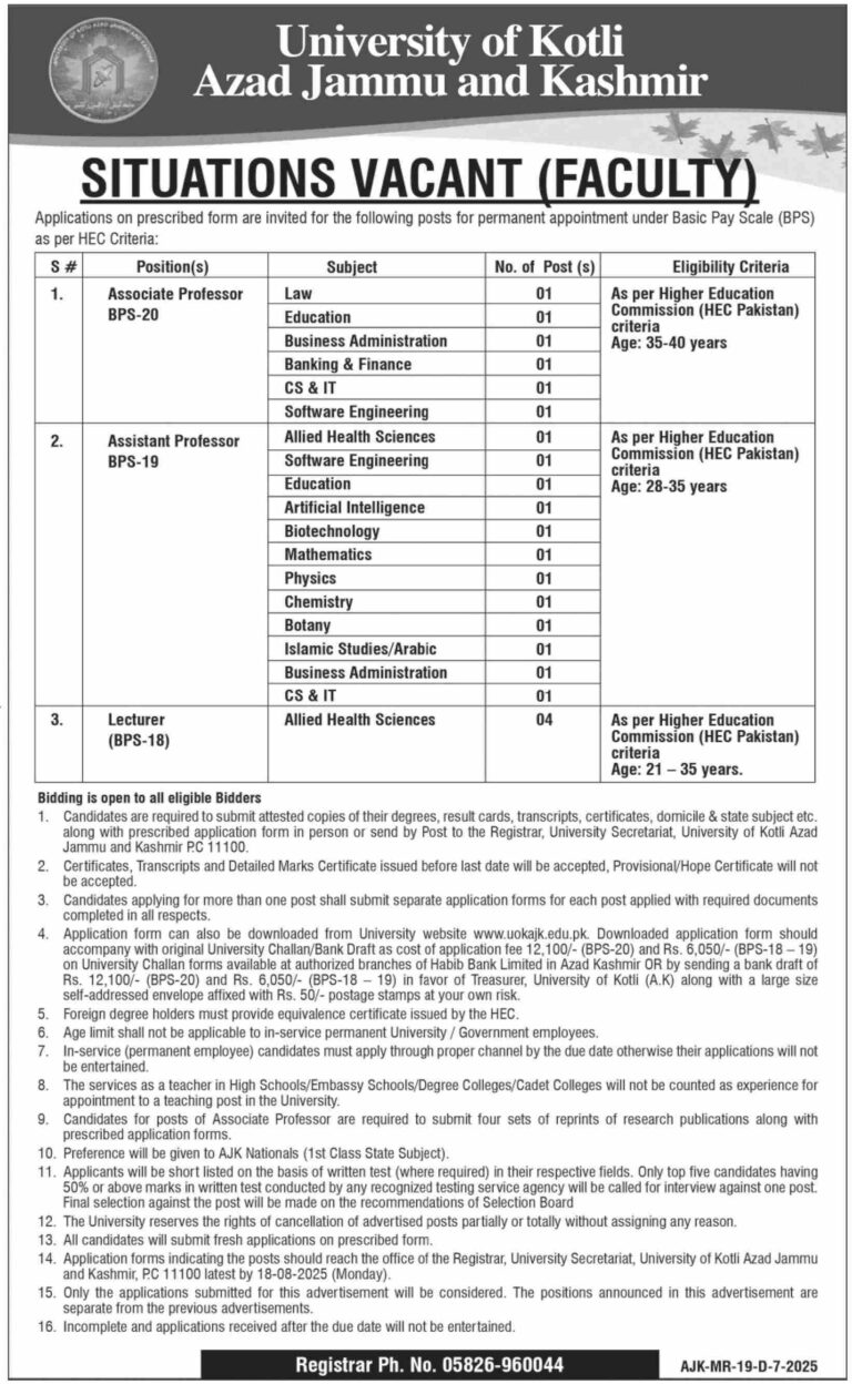 University of Kotli AJK Jobs 2025