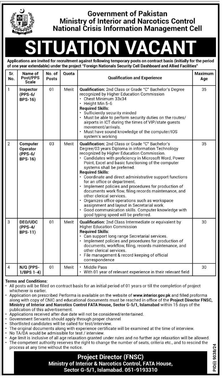 Ministry Of Interior & Narcotics Control Jobs 2025