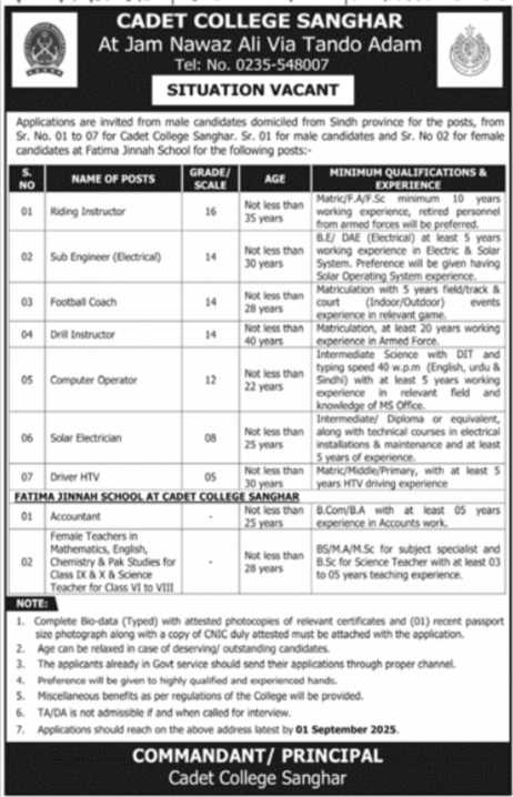 Cadet College Sanghar Latest Govt Jobs 2025