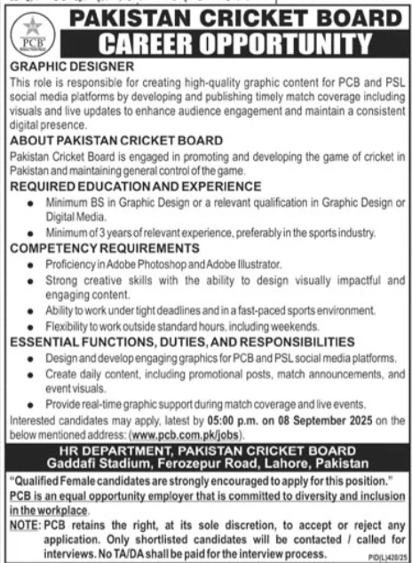 Pakistan Cricket Board (PCB) Latest Govt Jobs 2025