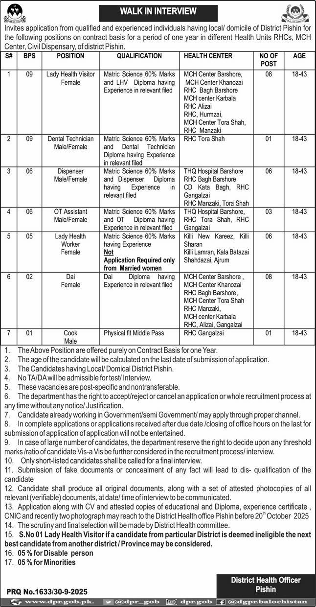 Health Department Pishin Jobs 2025