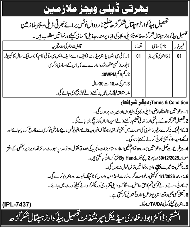Tehsil Headquarter Hospital (THQ) Shakargarh Jobs 2025